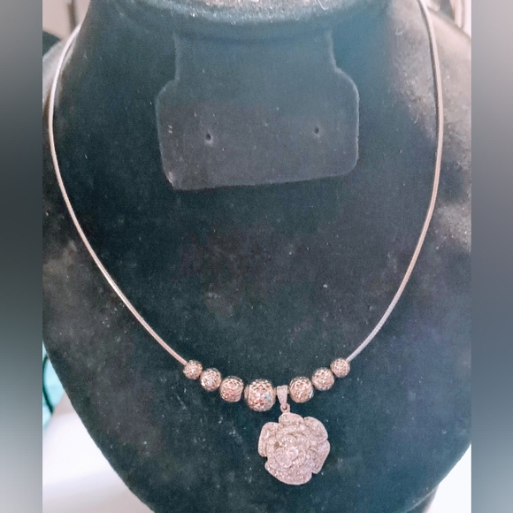 Sterling Silver Big Silver Rose charm design  Chocker Snake design Necklace. - Picture 3 of 6